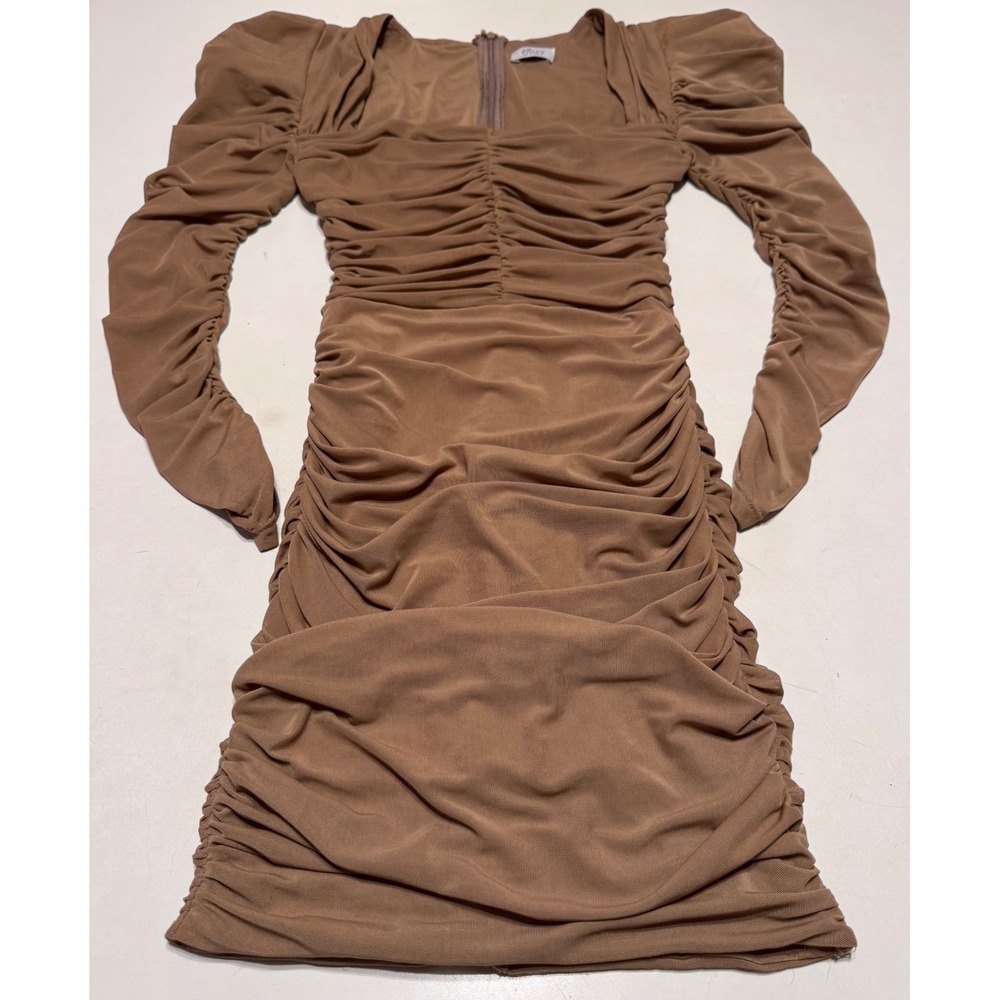 Oh Polly Mocha Ruched Mesh Mini Dress Long Sleeve Underwire Bodycon Brown US 2